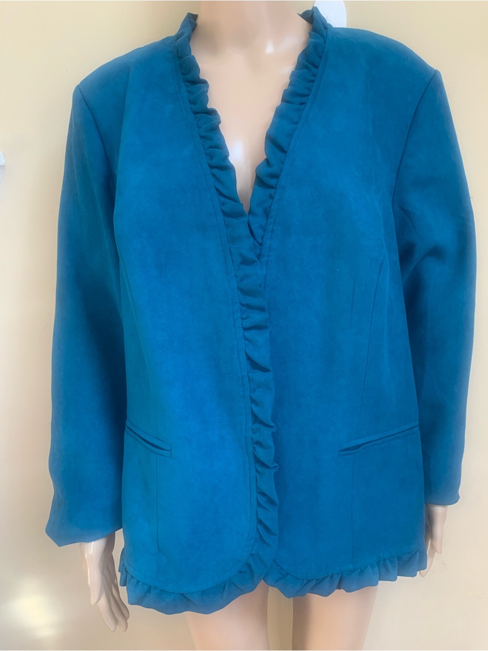 Dress Barn Teal Ruffle-Trim Lined Open Jacket Sz 18/20 Woman